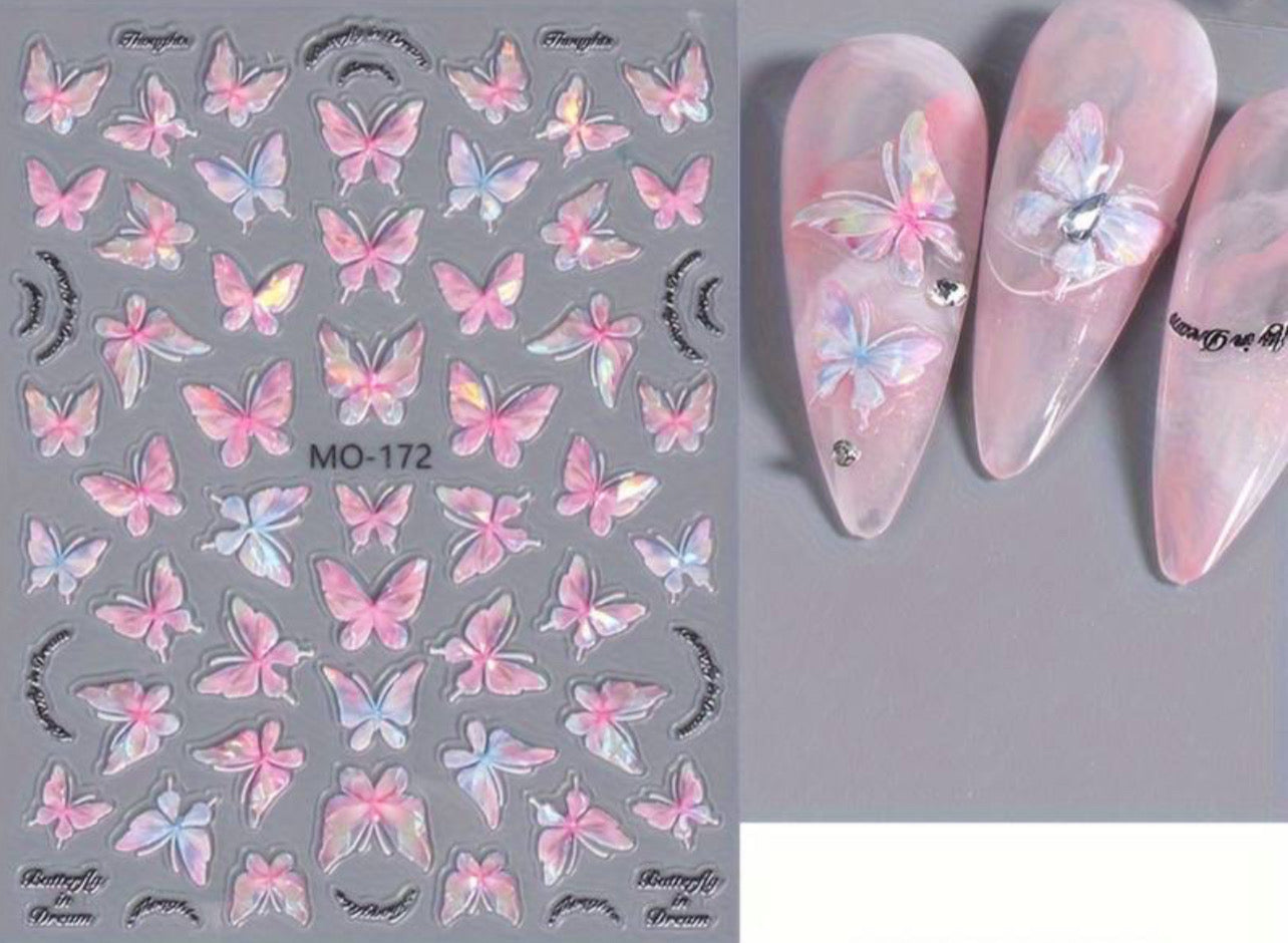 Pink Butterfly Aurora Shell Effect Nail Art Stickers
